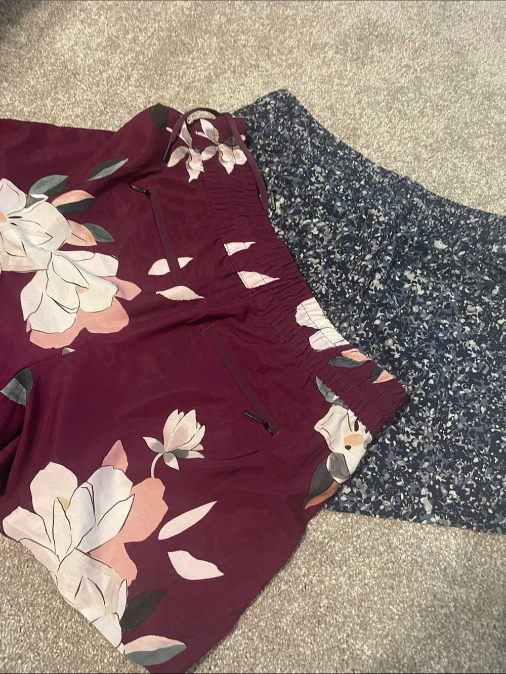 TWO pair 3” inseam Athleta Maroon Floral and Navy Speckle Shorts